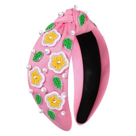 NVENF Flower Headbands for Women Beaded Pink Floral Headbands Rhienstone Crystal Knotted Headband Spring Summer Headbands Hair Accessories Beach Outfits Gifts (Beaded Flower D)