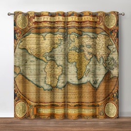 Jekeno World Map Blackout Curtains World Map Vintage Print Grommet Window Drapes for Bedroom Living Room 2 Panel Set, 42"x54"