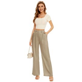 FUNYYZO Women Stain Wide Leg Pants High Elastic Waisted Casual Business Work Trousers Long Straight Suit Pants