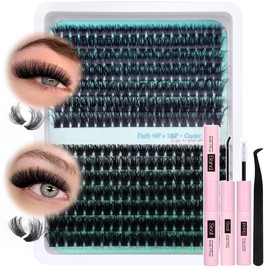 Cluster Lashes Kit Fluffy Individual Eyelashes Kit 280Pcs D Curl Eyelash Extension Kit Russian Lashes Individual Cluster with Lash Bond and Seal Lash Glue,Tweezers(80+100P, 10-18mm Mix)