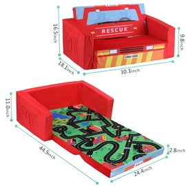 MallBest Kids Sofas, Extra Wide Toddler Couch Bed - 2 in 1 Baby Convertible Foam Chair to Lounger,Toddler Couch for Boys and Girls,Red/Fire Truck