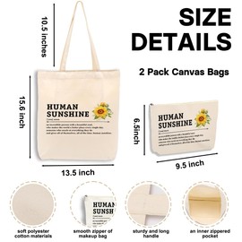 Human Sunshine Noun 2PCS Cosmetic Bag Canvas Tote Bag Beach Bags with Pocket Makeup Bags Inspirational Thank You Gifts Funny Office Supplies Office Gifts for Women Coworker Friend Christmas Boss Day