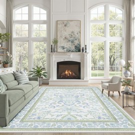DCX Green Floral 8x10 Area Rugs for Living Room, Machine Washable Large Soft Boho Non-Slip Botanical Rug for Bedroom Dinning Room Kitchen Flowers Playroom Nursery Carpets