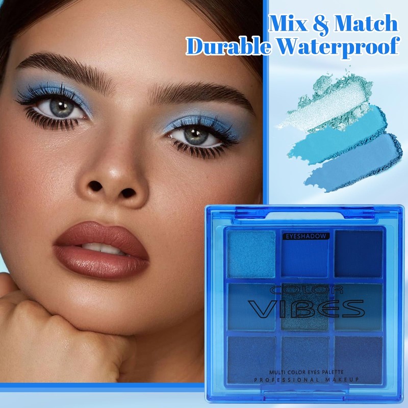 TPTGIAR 9 Colours Eyeshadow Palette, Blue Eyeshadow Palette, Long-Lasting &