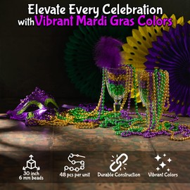 Fun Express Tri Color Metallic Mardi Gras Beads in Green, Purple and Gold (Set of 48 Beads) 30 inch with 6 mm Beads on a Breakaway Cord