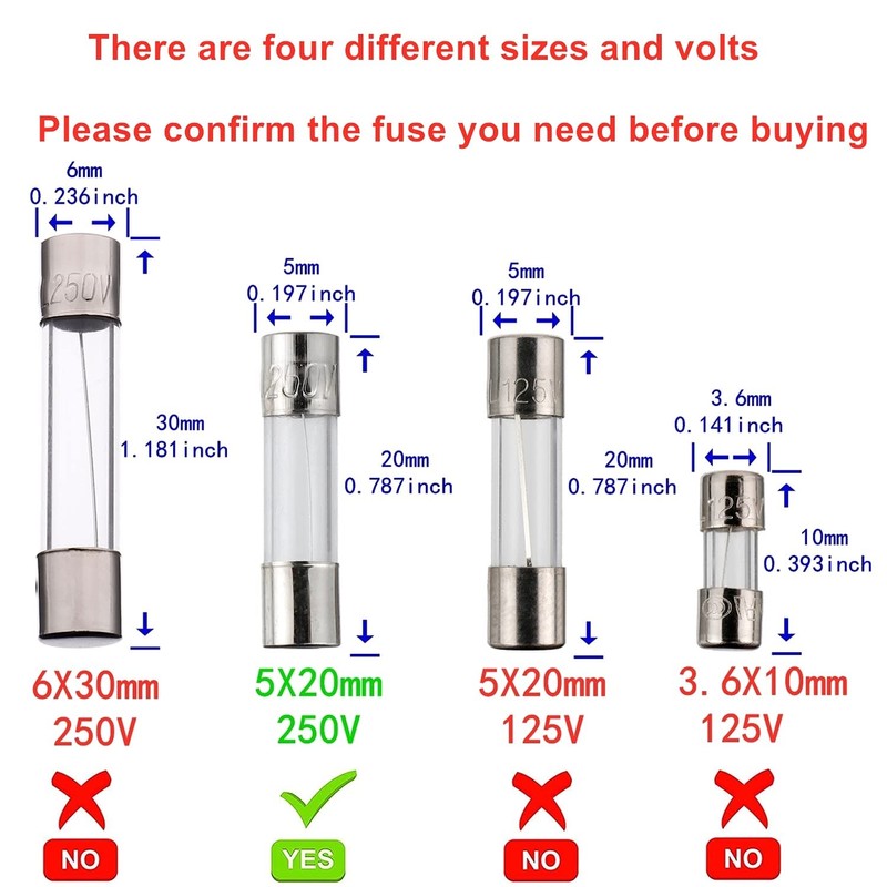 Yoiilnz 20 pcs T6.3AL250V Glass fuses Slow-Blow 5x20mm Time-Lapse 6.3