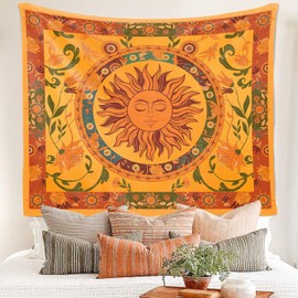 SteadyINK® – Sun and Moon Tapestry – 200x150CM Boho Wall Hanging with Celestial Sun Face Design in Orange & Yellow – Aesthetic Fabric Decor for Bedroom, Living Room, Meditation