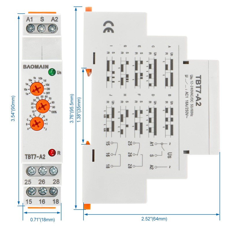 Baomain Multi-Function Time Relay, 16A SPDT 10-Functions, DIN Rail Mounting