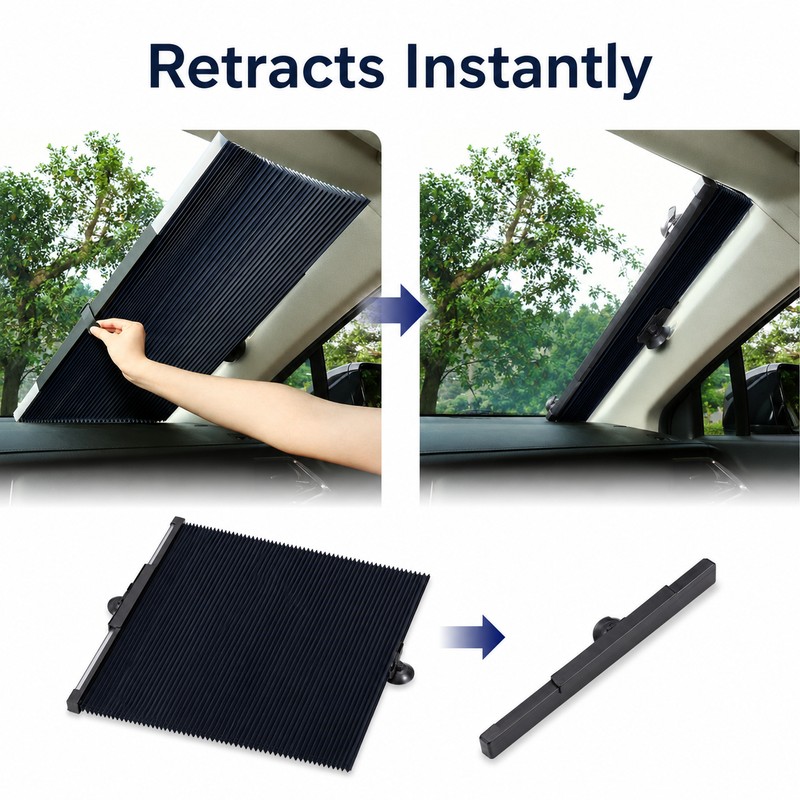 Retractable Car Sunshade for Windshield - Reflective Foldable UV Heat