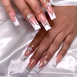 Long Press on Nails Square Fake Nails White French Tip Acrylic Glue on Nails 3D Butterfly False Nails with Rhinestones Design Full Cover Nail Press on Stick on Nails for Women DIY Manicure