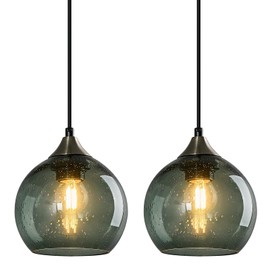 LBSQJ Gray Green Glass Pendant Lights Kitchen Island Lighting Globe Pendant Light Fixtures Modern Pendant Lighting for Kitchen Island Bedroom Living Dining Room Light Fixture(5.9in, 2-Pack)