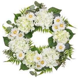 Arborus 20'' Spring Wreaths for Front Door Realistic White Hydrangea Daisy Artificial Wreath Foliage Flowers Floral Home Decor, Farmhouse Wall Windowsill Mantle Decorations