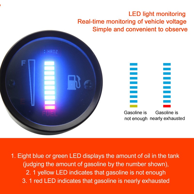 LED Fuel Meter Gauge Indicator 52mm Dia 12V Adjustable Resistance