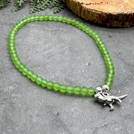 Lime Green Frosted Glass Bead Anklet with Silver Plated Dinosaur Charm on Elastic : Small/Medium 9.5 inches