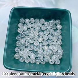 100pcs Crackle Glass Beads 8mm Round Crystal Glass Spacer Crafts Beads for Jewelry Making Necklace Bracelet Earrings DIY Crafts(White)