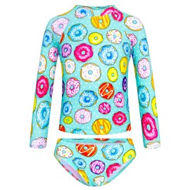 TENVDA Bathing Suits for Girls Swimsuit Size 6 7 Years Old 2-Piece Long Sleeve Rash Guard Green Donuts Print Swimwear
