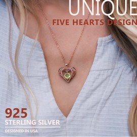 GEMMANCE 5 Heart Crystal Necklace 18K Rose Gold Plated - Pendant with 18”+2” 925 Sterling Silver Chain - Birthstone Jewelry for Women and Girls - Gift for Birthday, Christmas