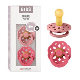 BIBS Boheme Soother 2-Pack. BPA Free Dummy Pacifier, Round Nipple. Natural Rubber Latex, Made in Denmark, Size 2 (6-18 Months), Dusty Pink/Coral