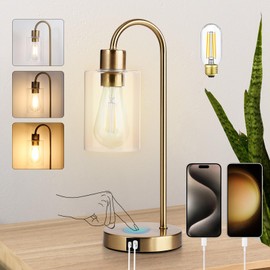 QHANTOMIZE Gold Table Lamp with USB Port, 3 Way Dimmable Touch Control Bedside Lamp, Modern Nightstand Lamp with Glass Shade, Industrial Table Lamp for Bedroom Office, USB A & C, LED Bulb Included