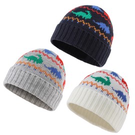 PEECABE Dinosaur Knitted Baby Boy Beanie Hat Winter Knit Toddler Hats Warm Kids Snow Skull Cap for Boys Infant Beanies (6-36 Months, 3PCS-A)