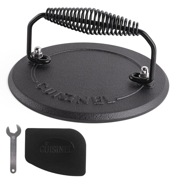 Cuisinel Grill Press - Cast Iron Burger Press for Bacon, Steak and Smashed Hamburgers - 7.5" Diameter Round Pre-Seasoned Heavy Duty 4-lb. Weight Sandwich/Panini Maker - Griddle, BBQ Grill Accessory