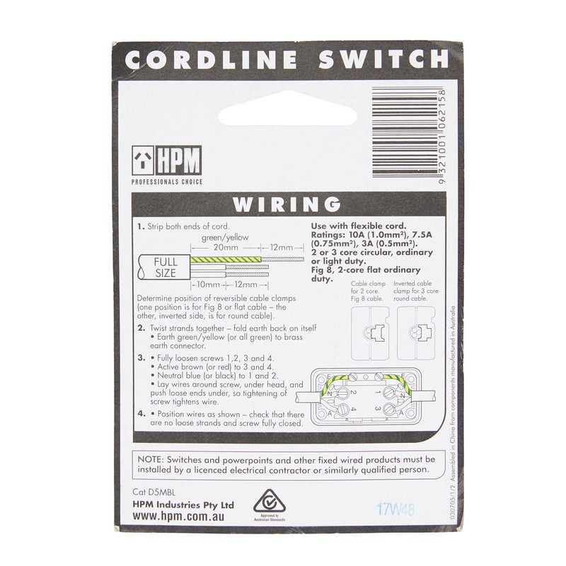 HPM Mini Cordline 10 A Switch, Black, D5MBL