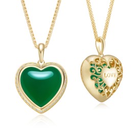 Elfgrass Heart Pendant Necklace for Women S925 Sterling Silver Natural Agate Jewelry Gift for Her Anniversary Valentine's Day (Jade Green)