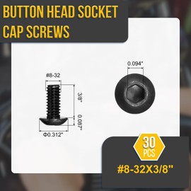 DTGN #8-32x3/8 Button Head Socket Cap Screws - 30Pack - Good for Road Bicycle, Mountain Bike, Auto, Motorcycle - 304 Stainless Steel Black Oxide - Hex Socket Drive Fasteners