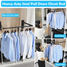 Pull Down Closet Rod, HANKEY Heavy Duty Clothes Rail Two-way Buffering Closet Pull Down Rods, Wardrobe Lift Rail Pull Down Closet Rods for Hanging Clothes Cloakroom, Adjustale Width 27.6-41.3in,Black