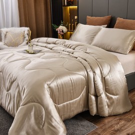 NTBED Silky Satin Comforter Set Queen Champagne, Soft Lightweight Microfiber Luxury Sexy Quilted Bedding Sets with 2 Matching Pillow Covers for Summer Spring Autumn