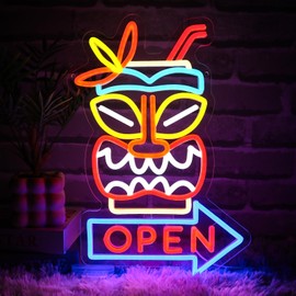 Folkive Tiki Bar Open Neon Sign for Wall Decor Dimmable Arrow Led Open Sign for Business Tiki Mask Neon Light for Beer Bar Beach Recreation Room Shop Tropical Party Decoration