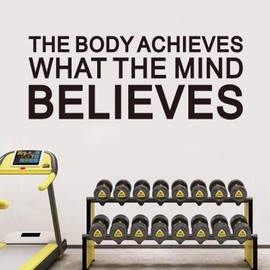 AnFigure Inspirational Wall Decals Gym Motivational Quotes Wall Stickers Sports Office Workout Fitness Workplace Business Art Vinyl Home Decor The Body Achieves What The Mind Believes 23"X9"