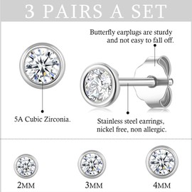 Ecripe 3 Pairs of 925 Sterling Silver Stud Earrings, Hypoallergenic Cubic Zirconia Stud Earrings Silver for Women, Sparkling Earlobe Cartilage Stud Earrings, Earrings for Sleep Earrings Women,