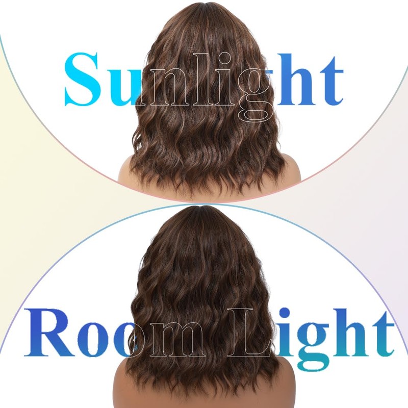 Brown Highlights Wig with Bangs for Women,12 Inch Wavy Bob