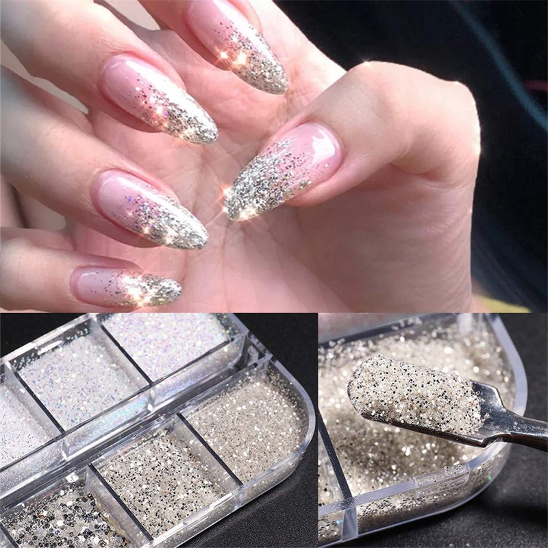 1 box 12 patterns silver holo glitter nail parts nail