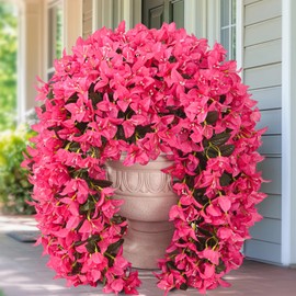 Siyaluens 8 Pcs UV Resistant Artificial Flowers for Outdoors, Realistic Faux Silk Bougainvillea Flowers, Fake Hanging Plants for Porch Patio Balcony Decoration (Rose Red)