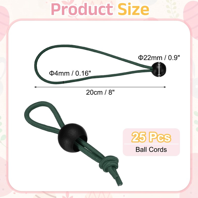 PATIKIL Ball Cords,(20cm, Army Green) (25Pcs), Polyester Black Ball Bungee
