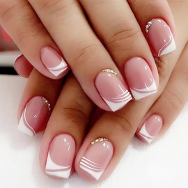 24pcs Short Square False Nails - French Stick on Nails/White French Tip Press on Nails/Pink Acrylic Fake Nails Apricot Design for Women Girls (Sweet French)