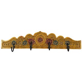 GURU SHOP Indian Vintage Coat Hook Rack - Design 1, Multicoloured, 11.5 x 50 x 2.5 cm, Wall Hooks Made of Wood, Metal and Ceramic