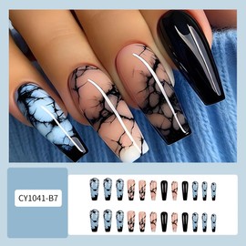 Blue&Black Marble Press on Nails Long Square - QUNQINLI Fake Nails Coffin False Nails Press Ons With Glossy Designs Nail Tips Full Cover Acrylic Nail Kit for Women Manicure 24 Pcs
