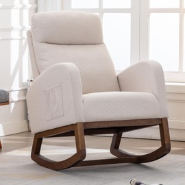 MOONMISS Rocking Chair Nursery, Glider Chair with High Back and Side Pocket, Solid Wood Frame Armchair with Non-Slip Padding for Nursery, Living Room, Bedroom(Beige)