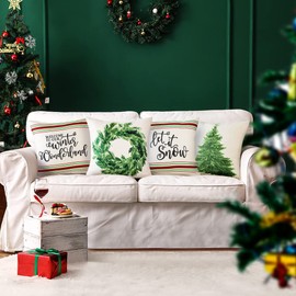 Artscope Christmas Cushion Covers Set of 4 Farmhouse Christmas Decorations Linen Christmas Tree Wreath Christmas Decor Throw Pillow Covers Pillow Case 45x45cm