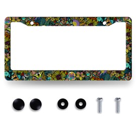 Colorful Hippie Flowers Floral License Plate Frame Sunflowers License Plate Holder for Front and Rear Car Tags Stainless Steel Funny License Plate Car Decoration with Screws 12.2" x 6.2"