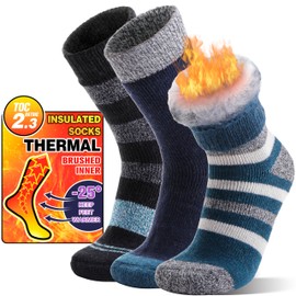 MOGGEI Heated Thermal Socks for Men Women Winter Warm Thick Insulated Ski Boot Work Cabin Socks Gifts Stocking Stuffers 3 Pairs(Blue Stripes,M)