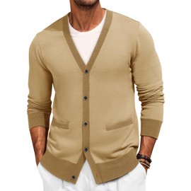 Runcati Men's Cardigan Sweater Long Sleeve V Neck Cardigan Casul Button Down Knitted Sweaters with Pockets Light Khaki