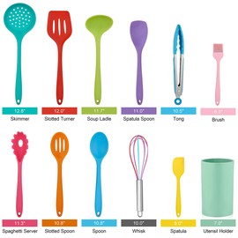LIANYU 12-Piece Silicone Kitchen Cooking Utensils with Holder, Kitchen Tools Set Include Slotted Spatula Spoon Turner Ladle Tong Whisk, Dishwasher Safe, Multi Colored