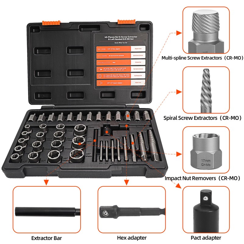 UYECOVE 40 Pcs Screw Extractor Set, 2-in-1 Hex Head Multi-Spline