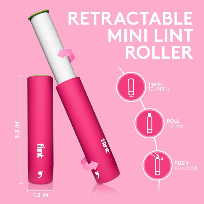 Flint Classic Pink Retractable Mini Lint Roller with 30 Extra