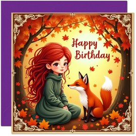 Cute Birthday Card - Girl with Fox Birthday Card for women girls teen daughter