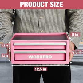 WORKPRO 12.5" Mini Tool Box with 2 Drawers & 1 Open Top Storage, Small Metal Tool Chest with PVC Liners & PP Feet Pads, Cold Rolled Steel Toolbox with Drawer Liners & Magnetic Tabs - Pink Ribbon